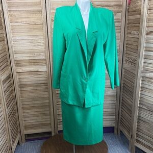 Michele Vibrant Green Blazer Skirt Size Set Vintage Union Tag Size 15/16 17/18